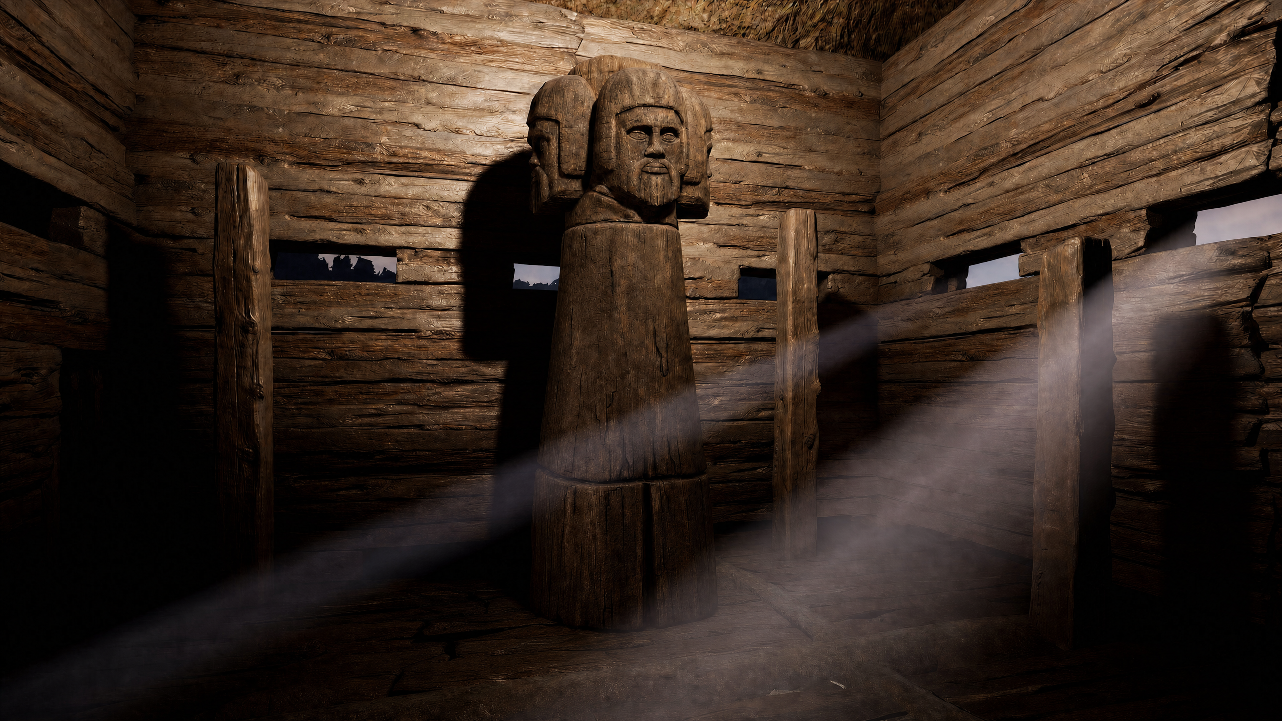 Slavic wooden idol inside a log temple with light rays