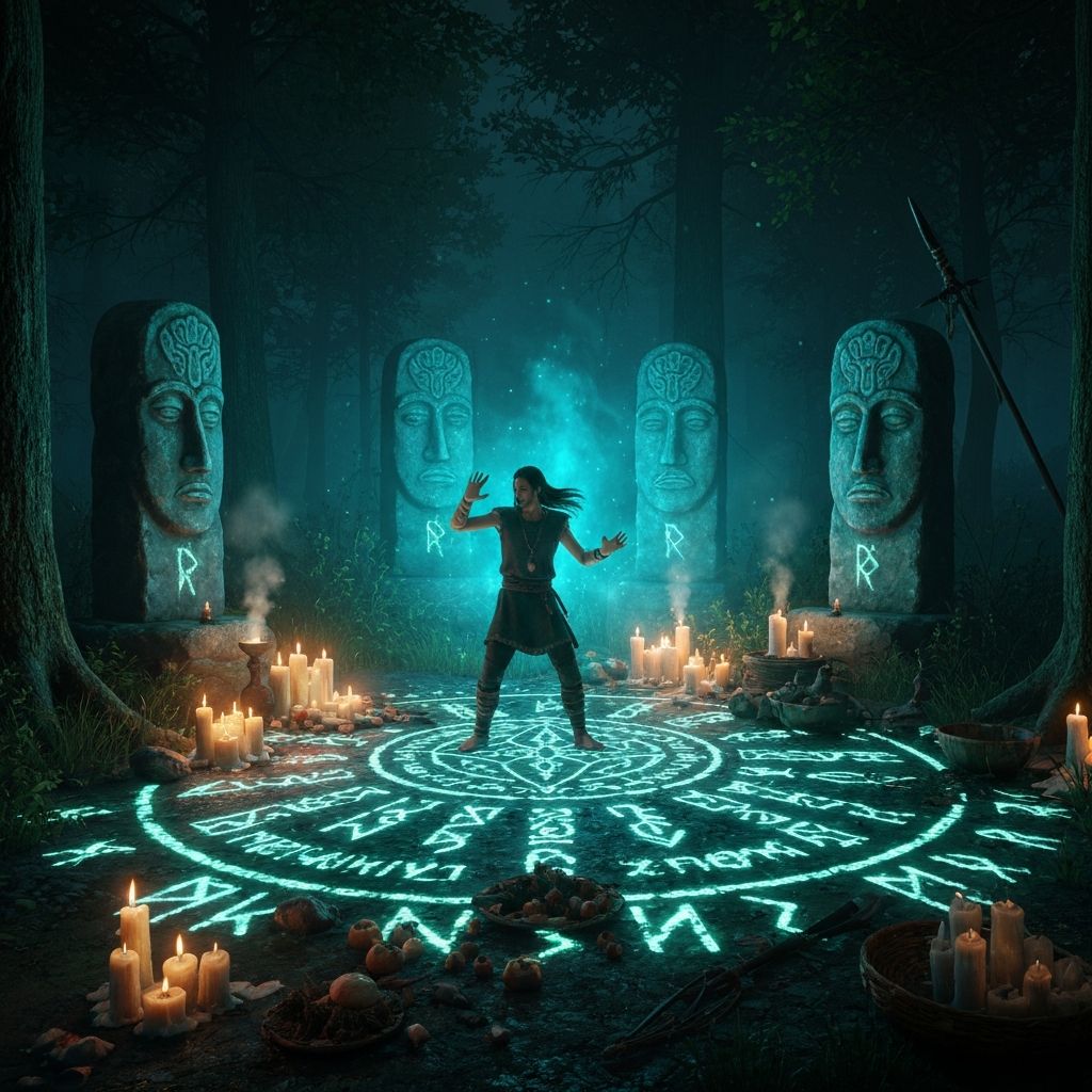 Slavic pagan ritual in a sacred grove with glowing runes and stone idols