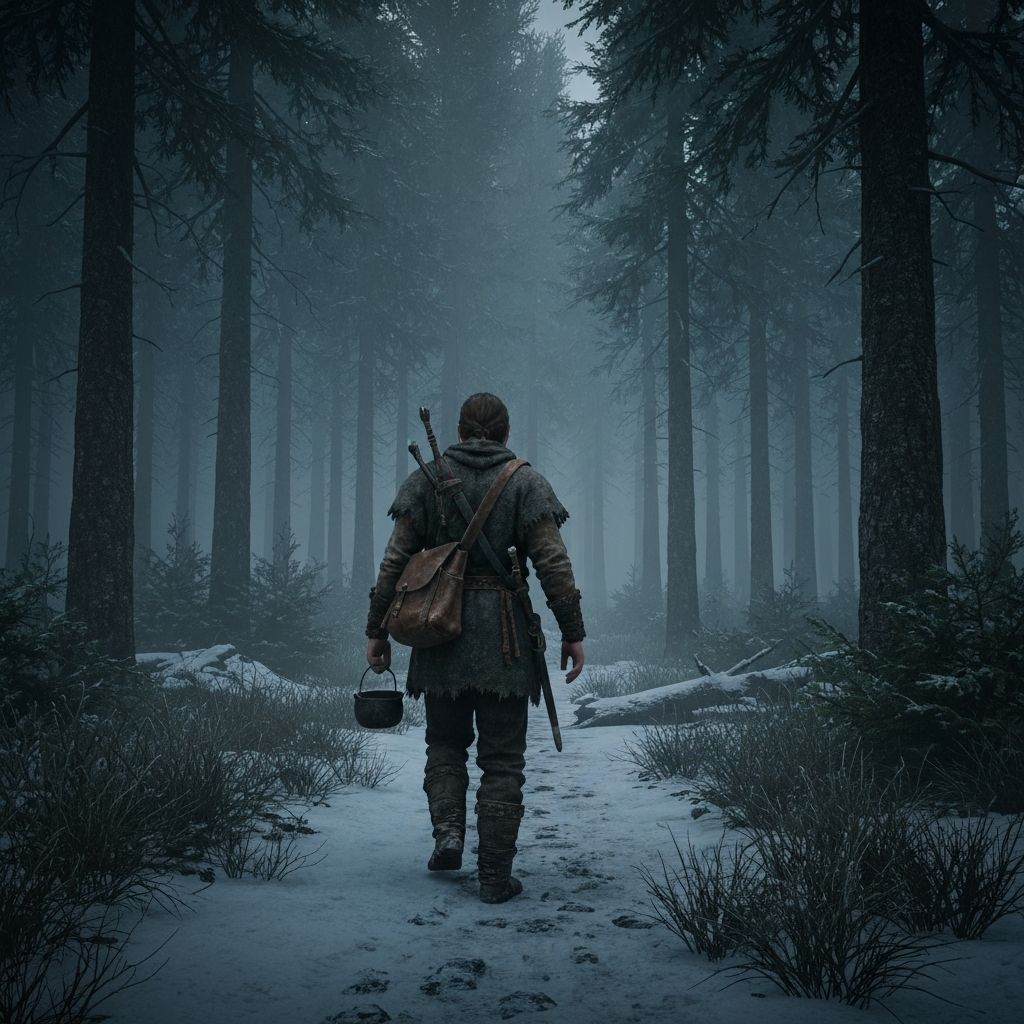 Medieval traveler navigating through a dense dark forest in winter
