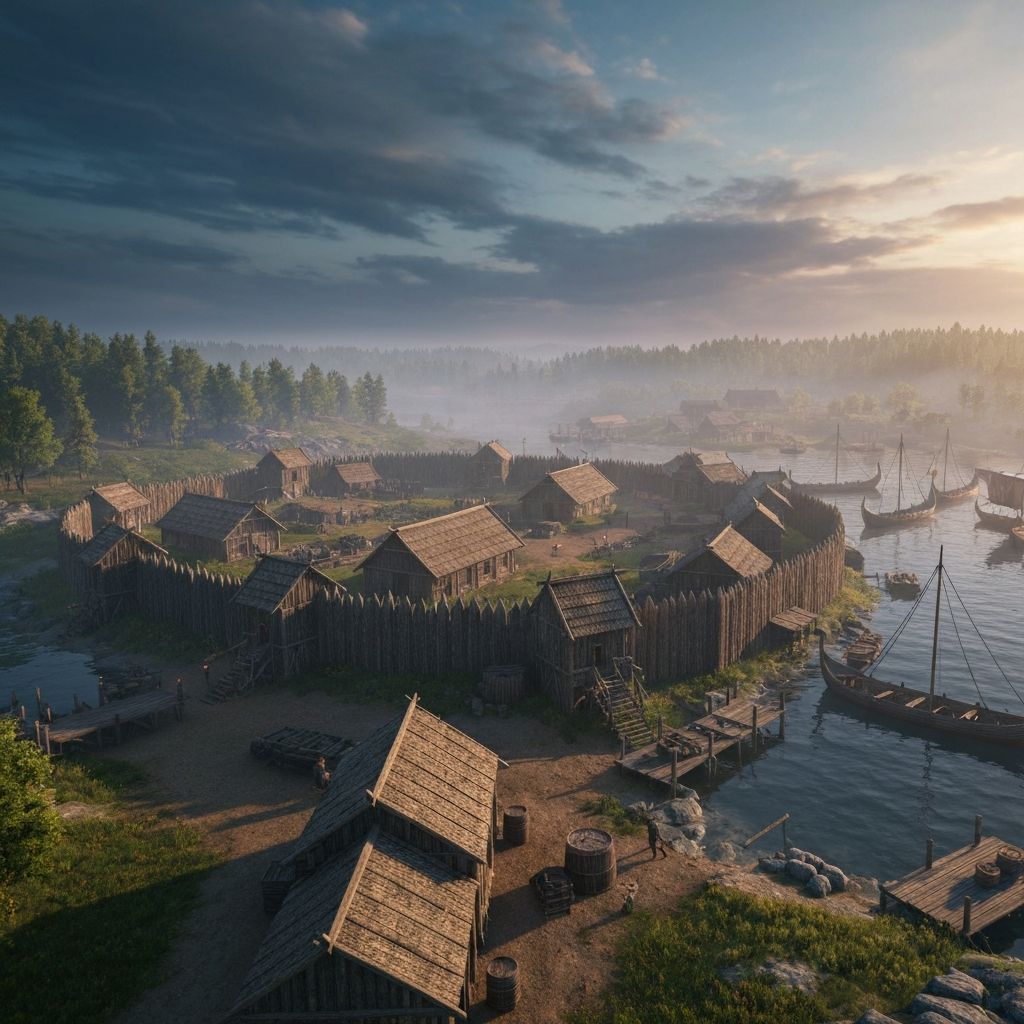 Reconstructed medieval Slavic trading port with Viking longships